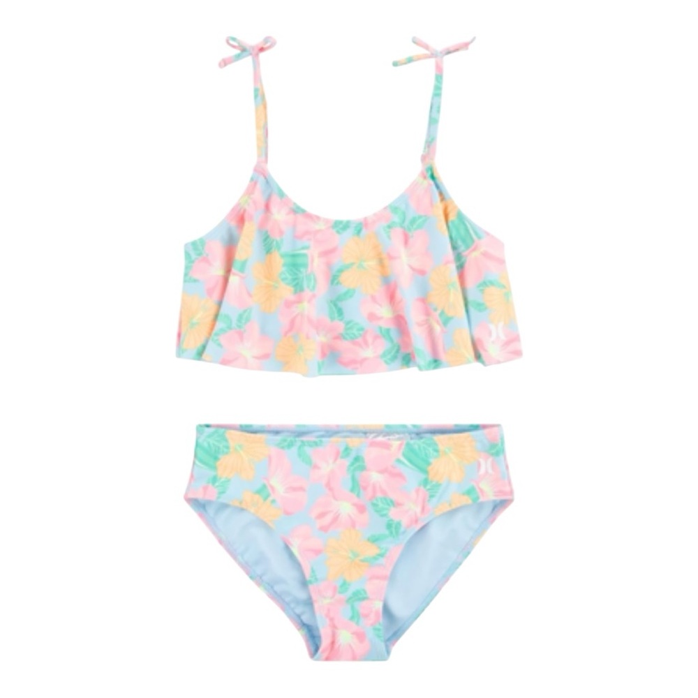 🏝️ NWT HURLEY Girls' 2-Piece Swim Flounce Bikini Swimsuit Floral & Blue 12 14 16